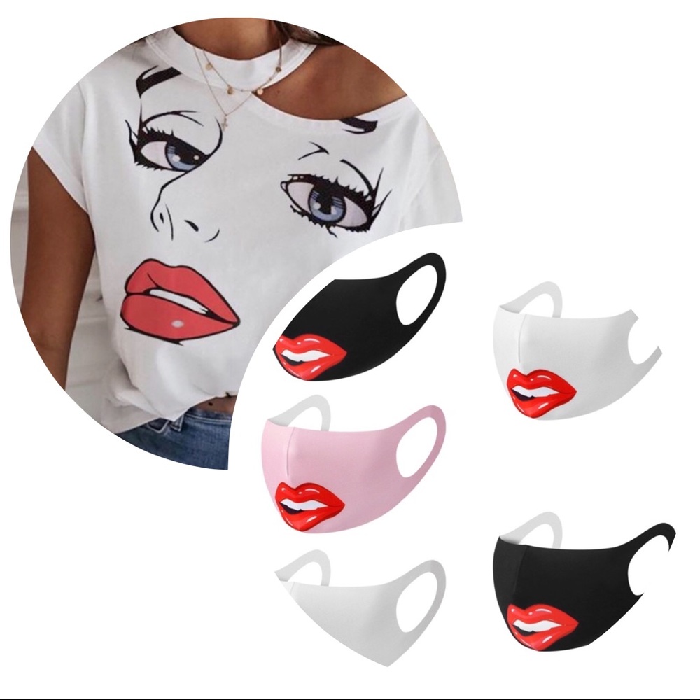 2/$15 Funny Face Womans White Top & Face Mask